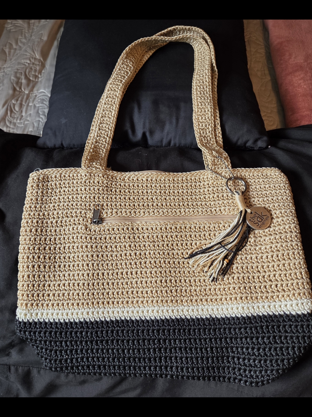 The Sak Beige, Black and White Crochet Tote with Tassel Charm